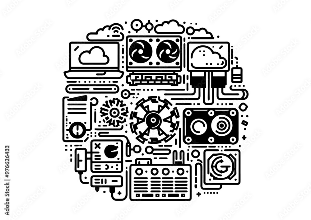 Obraz premium Technology, gear, clouds, computers, symbols