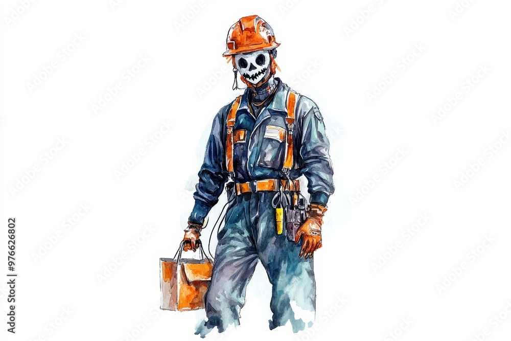 A spooky electrician in a Halloween costume, complete with a skull mask and tool belt, carries his tools and toolbox. Perfect for Halloween, construction, and spooky themes. A spooky electrician in a Halloween costume, complete with a skull mask and tool belt, carries his tools and toolbox. Perfect for Halloween, construction, and spooky themes.