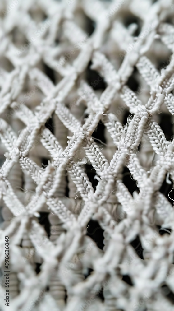 A close up shot of fabric weave mesh structure, showcasing intricate patterns and textures in white. detailed craftsmanship evokes sense of elegance and sophistication A close up shot of fabric weave mesh structure, showcasing intricate patterns and textures in white. detailed craftsmanship evokes sense of elegance and sophistication