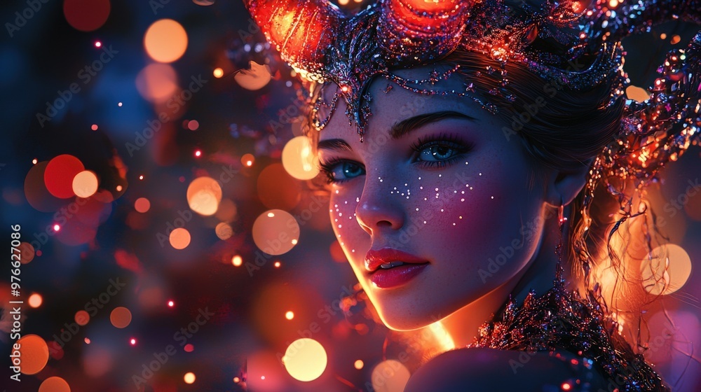 A spirited woman with decorative horns glowing with twinkling lights, her attire shimmering in a festive celebration. The sparkling lights add a touch of magic and cheer to the vibrant holiday A spirited woman with decorative horns glowing with twinkling lights, her attire shimmering in a festive celebration. The sparkling lights add a touch of magic and cheer to the vibrant holiday