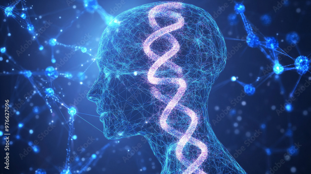 Low poly wireframe illustration of a brain and DNA spiral. Purple polygonal neuron connections forming a mesh structure. Features a 3D double helix molecule with interconnected dots. Low poly wireframe illustration of a brain and DNA spiral. Purple polygonal neuron connections forming a mesh structure. Features a 3D double helix molecule with interconnected dots.