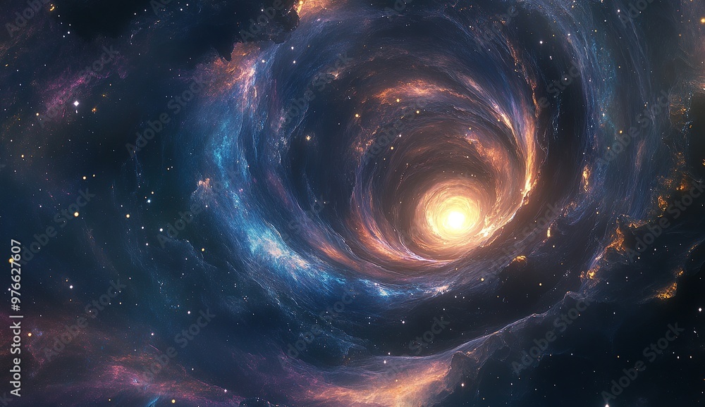 A colorful black hole swirls in the center of space, with dark blue and purple tones A colorful black hole swirls in the center of space, with dark blue and purple tones