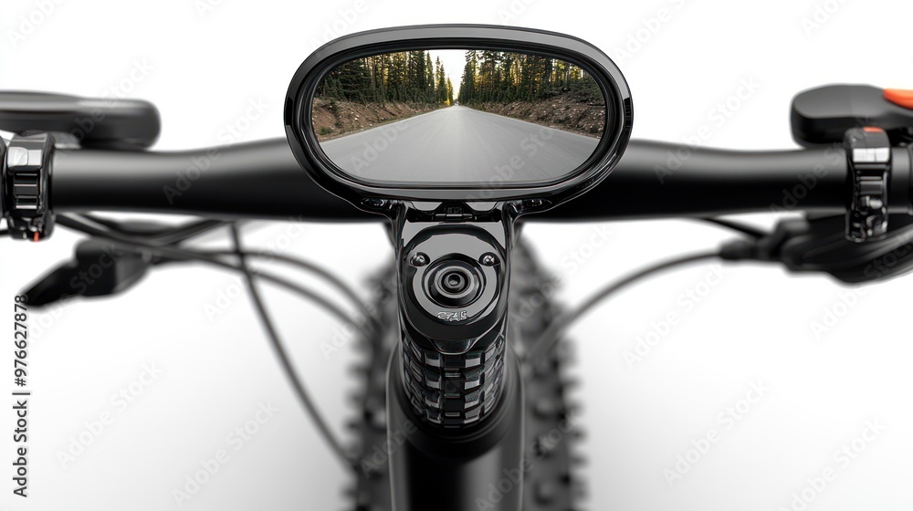 Bicycle handlebar with a rearview mirror showing a road. Bicycle handlebar with a rearview mirror showing a road.
