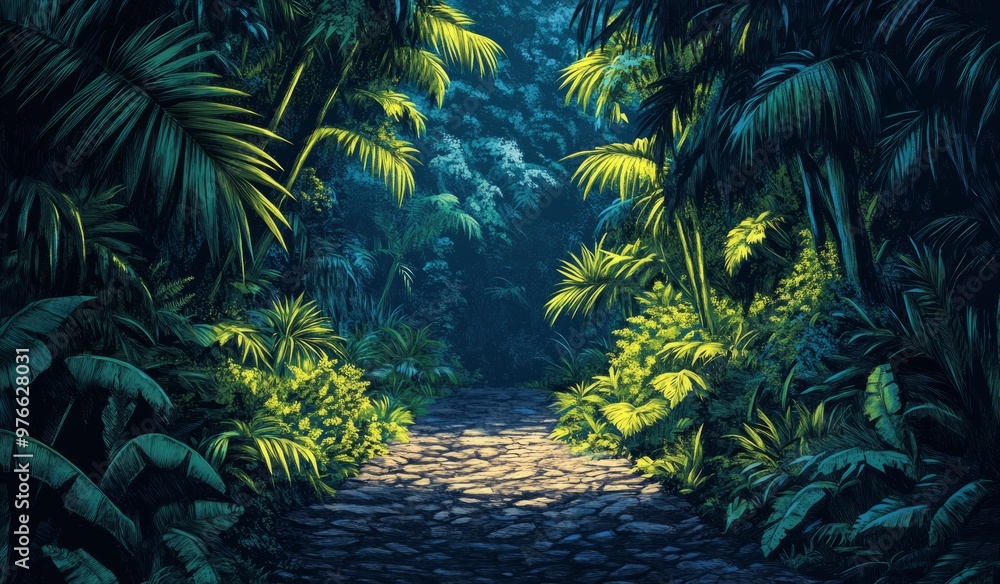 Fototapeta premium Mystical Forest Path Amidst Dense Tropical Foliage in Morning Glow