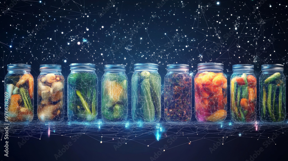 A vector illustration of jars filled with pickled vegetables, rendered in a low poly wireframe style. The image is designed with a starry sky or space theme, consisting of points, lines, and shapes. A vector illustration of jars filled with pickled vegetables, rendered in a low poly wireframe style. The image is designed with a starry sky or space theme, consisting of points, lines, and shapes.