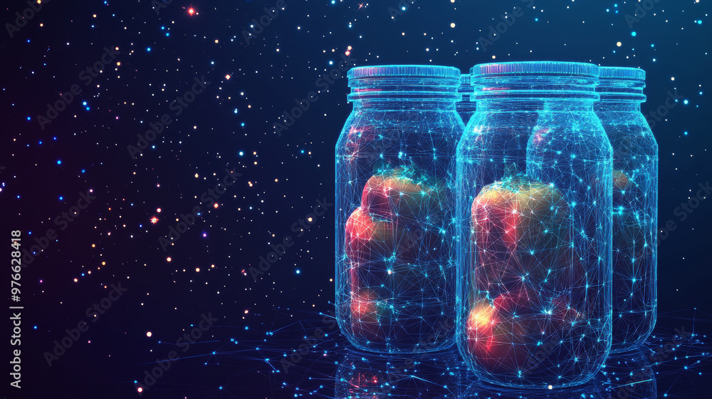 A vector illustration of jars filled with pickled vegetables, rendered in a low poly wireframe style. The image is designed with a starry sky or space theme, consisting of points, lines, and shapes. A vector illustration of jars filled with pickled vegetables, rendered in a low poly wireframe style. The image is designed with a starry sky or space theme, consisting of points, lines, and shapes.