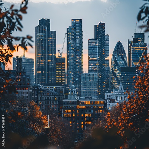 A city skyline with a beautiful sunset in the background