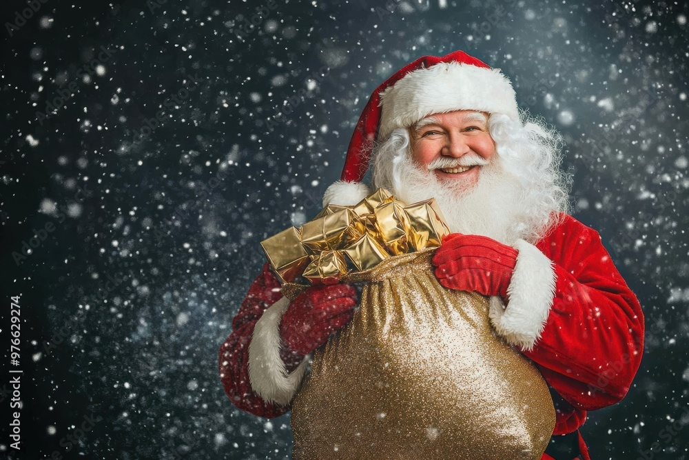 Santa Claus, with a wrapped gift in hand, stands joyfully against a snowy background, highlighting the festive magic of giving, ideal for Christmas-themed marketing campaigns. Santa Claus, with a wrapped gift in hand, stands joyfully against a snowy background, highlighting the festive magic of giving, ideal for Christmas-themed marketing campaigns.