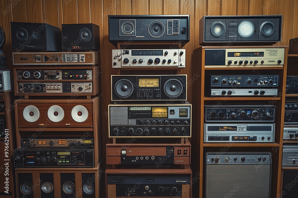 Fototapeta premium A collection of vintage audio gear, including tape recorders and floor standing floor models