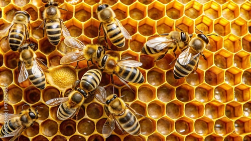 Golden honeycomb cells, intricately patterned with beehive precision, hum with activity as bees flit from cell to cell, photo