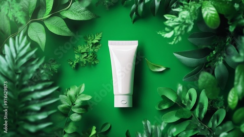 Wallpaper Mural A white tube of herbal hand cream with cute cartoon touches, nestled in a vibrant green leafy frame, symbolizing nature, freshness, and the soothing properties of the product. Torontodigital.ca