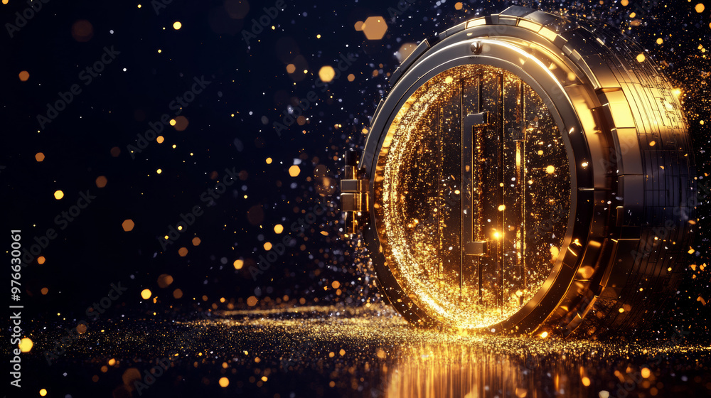 A low poly illustration of a bank vault door adorned with a golden dust effect. The design showcases sparkling stardust and glittering gold particles set against a dark background. The vault door. A low poly illustration of a bank vault door adorned with a golden dust effect. The design showcases sparkling stardust and glittering gold particles set against a dark background. The vault door.