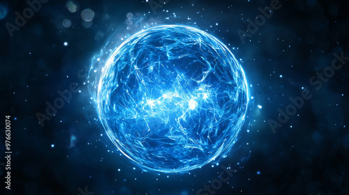  Abstract blue glowing background featuring a central sphere of atomic energy—a burning ball formed from waves of energy rays and plasma with light.