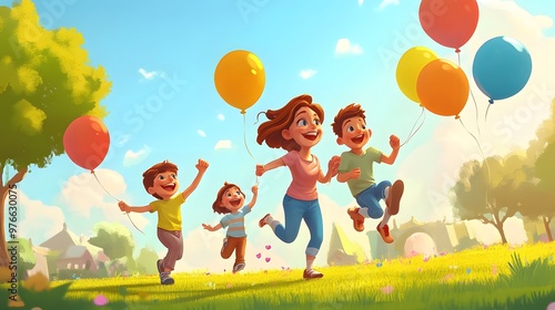 Cartoon family enjoying a sunny day in a park with green grass, bright balloons, and playful children running around