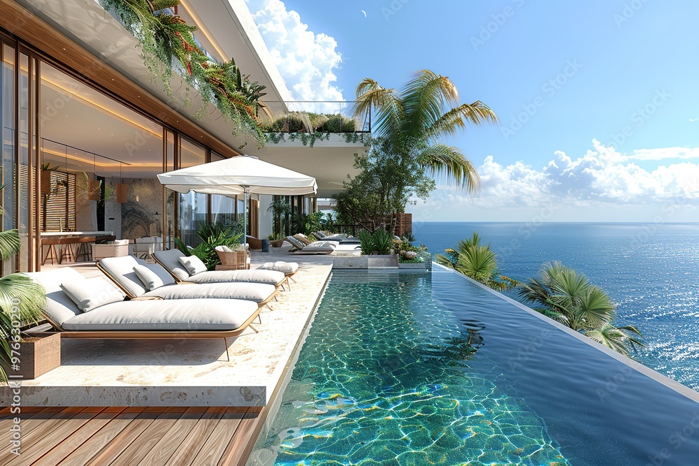Fototapeta premium A beautiful pool with a white umbrella and a view of the ocean