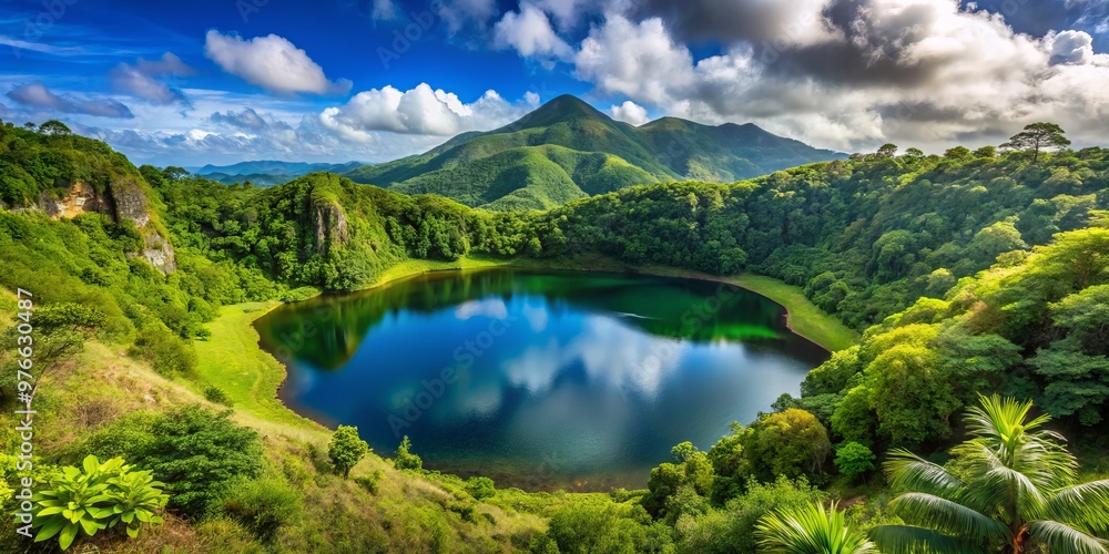 Grenada's Grand Etang National Park is home to a majestic lake, nestled within a forested mountain range and Grenada's Grand Etang National Park is home to a majestic lake, nestled within a forested mountain range and