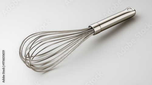 A stainless steel whisk used for mixing and beating ingredients.