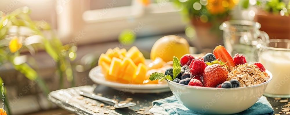 Sunlit breakfast table with fruits, cereals, and yogurt Sunlit breakfast table with fruits, cereals, and yogurt