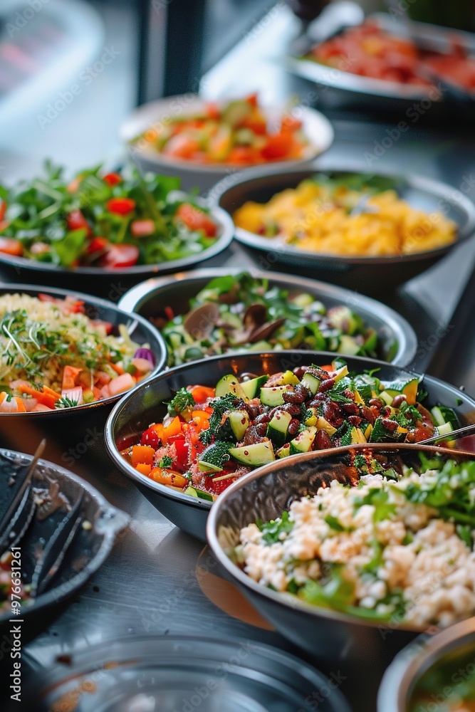 Assorted healthy salads displayed in bowls Assorted healthy salads displayed in bowls