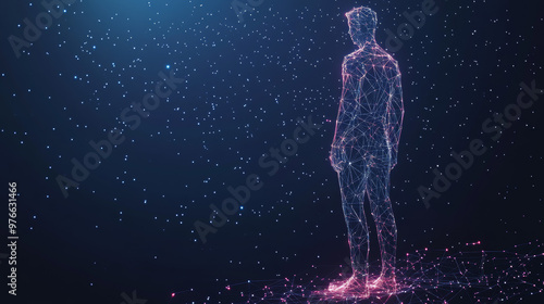 A vector illustration of a male figure measuring height, rendered in a low poly wireframe style. This image features a polygonal representation of a person against a backdrop that resembles a starry