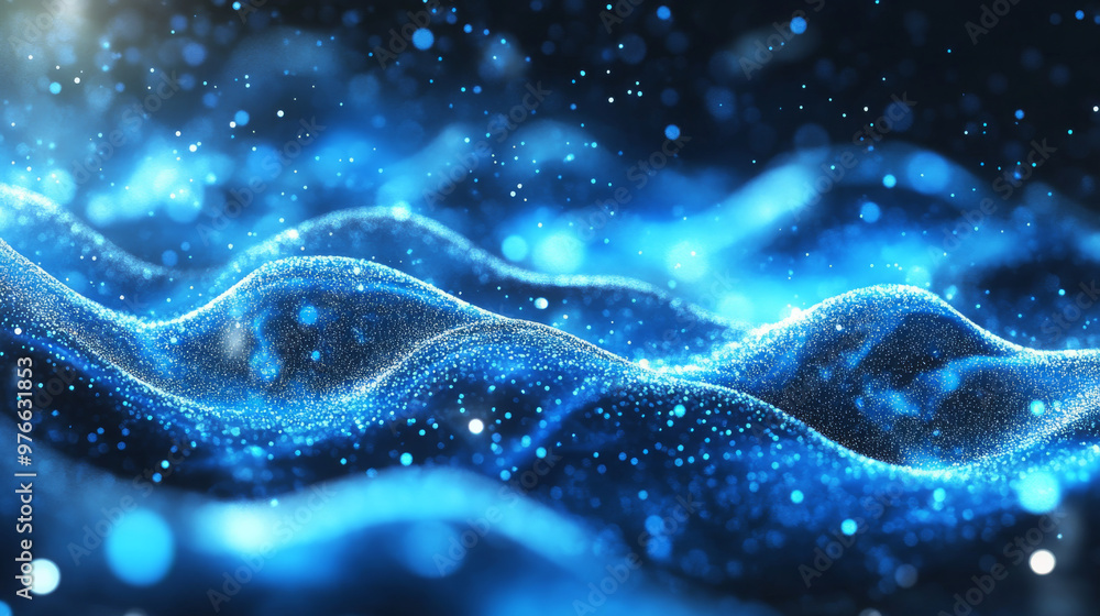 Abstract blue wave lines made of particles and dots with a glowing magic effect and blurred bokeh background. Abstract blue wave lines made of particles and dots with a glowing magic effect and blurred bokeh background.