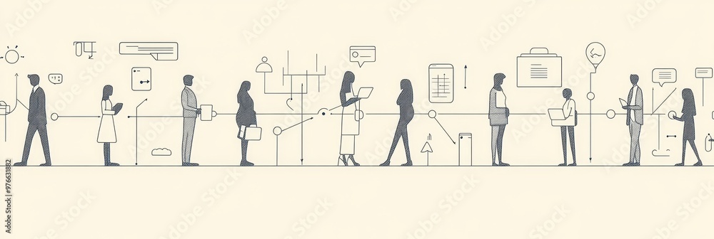 Business People Navigating the Customer Journey: A minimalist illustration depicting a line of people moving through a process, symbolizing customer journey, user experience, workflow, business proces Business People Navigating the Customer Journey: A minimalist illustration depicting a line of people moving through a process, symbolizing customer journey, user experience, workflow, business proces