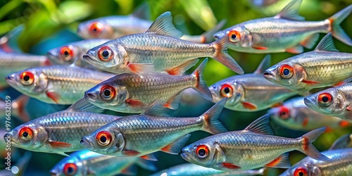 In the ocean's depths, a shoal of minuscule fish glimmer with iridescent red peepers and elongated silvery-blue hulls,