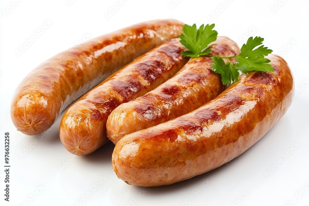 Closeup of three grilled bratwurst sausages with parsley garnish on a white background. Perfect for menus, food blogs, and advertising. Closeup of three grilled bratwurst sausages with parsley garnish on a white background. Perfect for menus, food blogs, and advertising.