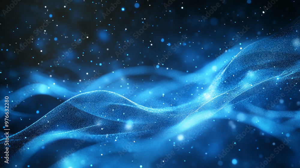 Abstract blue wave lines made of particles and dots with a glowing magic effect and blurred bokeh background. Abstract blue wave lines made of particles and dots with a glowing magic effect and blurred bokeh background.
