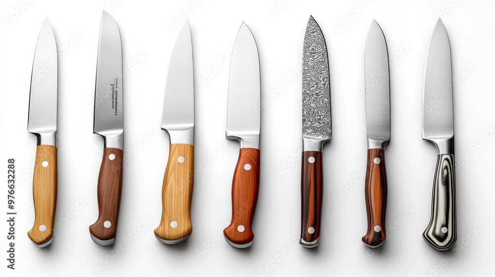 A collection of kitchen knives arranged on a white surface. A collection of kitchen knives arranged on a white surface.