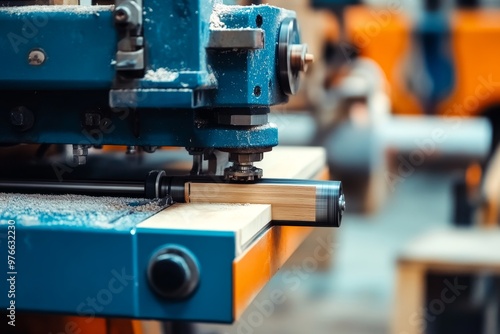 Close-up of a woodworking machine in operation, showcasing the precision and efficiency of modern industrial tools. The machine is cutting a piece of wood, demonstrating the power and accuracy of this