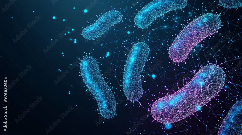 A banner template featuring a low poly wireframe design focused on microbiology. The futuristic science theme is highlighted by a polygonal depiction of bacteria and microscopic germs. This 3D mesh. A banner template featuring a low poly wireframe design focused on microbiology. The futuristic science theme is highlighted by a polygonal depiction of bacteria and microscopic germs. This 3D mesh.