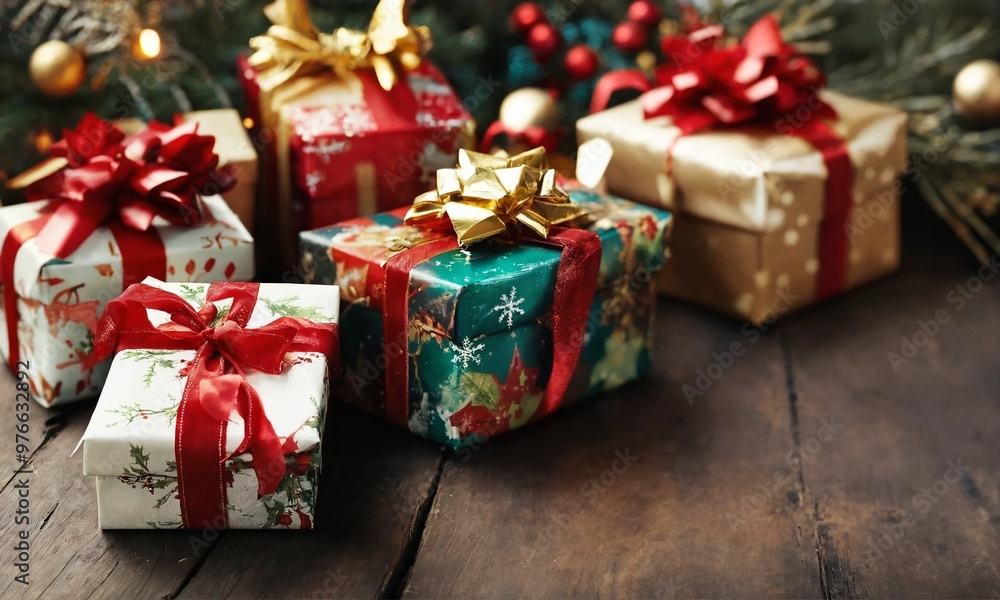 Fototapeta premium Christmas presents gift box background with copy space, christmas concept
