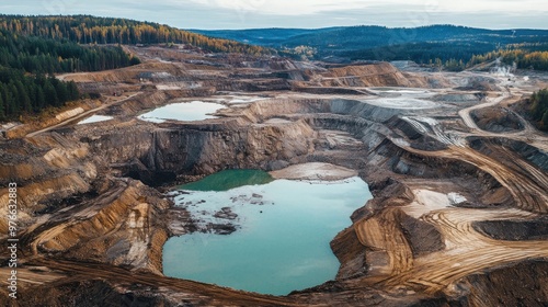 Mining waste dumps and tailing ponds pollute nearby rivers, while deforestation creates barren landscapes devoid of life