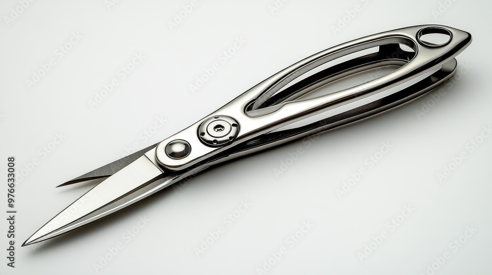 A sleek pair of stainless steel scissors on a light background. A sleek pair of stainless steel scissors on a light background.