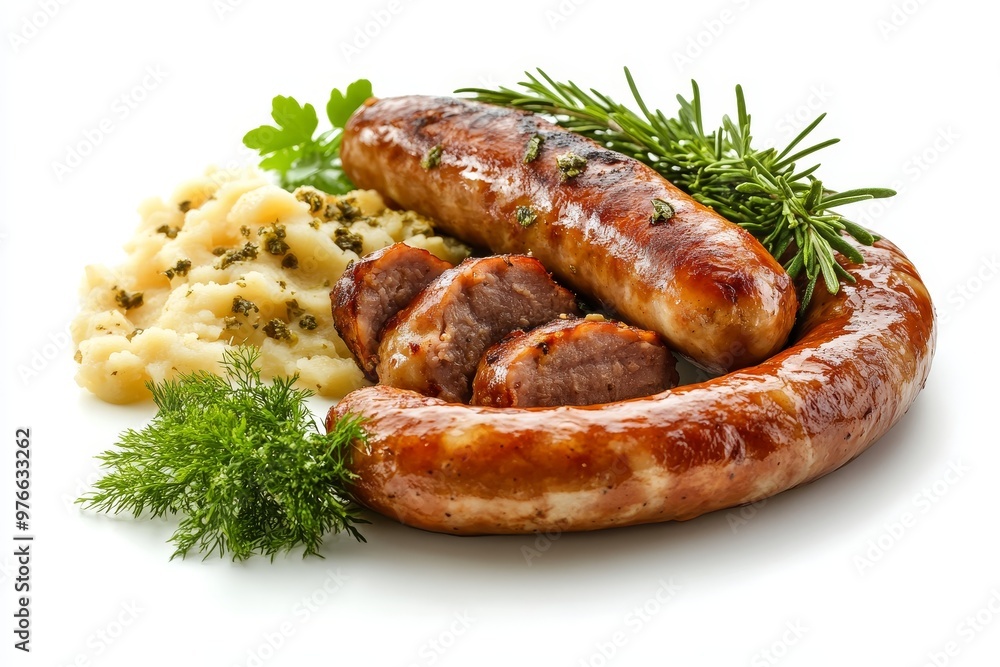 Delicious German sausage with mashed potatoes and rosemary, a traditional German dish. Delicious German sausage with mashed potatoes and rosemary, a traditional German dish.