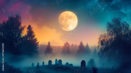 A full moon illuminating a foggy graveyard with headstones isolated on colorful background