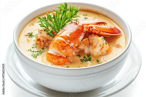 Delicious creamy lobster bisque topped with fresh parsley, a classic seafood dish for any occasion.