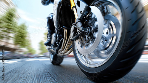 A close up of motorcycle tire spinning at high speed, showcasing dynamic motion and sleek design. blurred background emphasizes thrill of riding photo