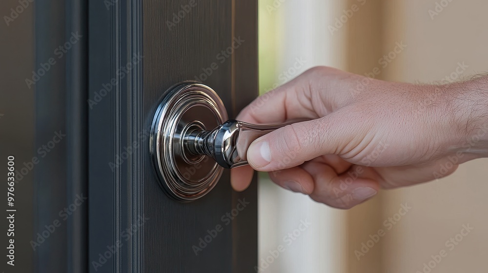Fototapeta premium Close-up of a hand opening a door handle, focusing on the fingers gripping the handle as the door begins to move