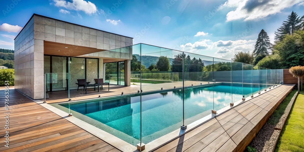 Obraz premium * Modern glass panels create a clear and secure exterior divider for outdoor swimming pools.