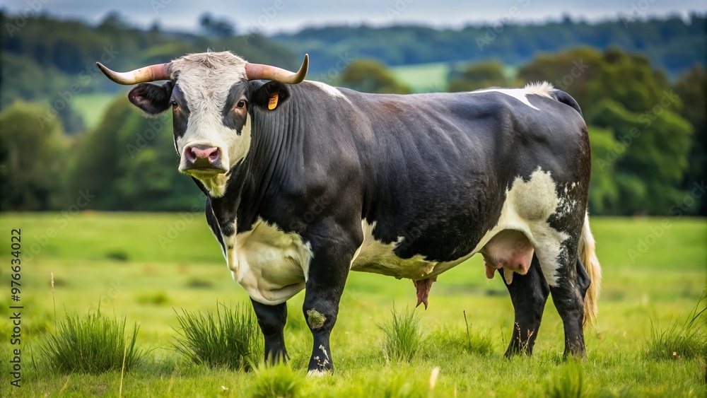 Muscled black and white bull stands proud on lush green grass, its distinctive coloring and agile physique commanding Muscled black and white bull stands proud on lush green grass, its distinctive coloring and agile physique commanding