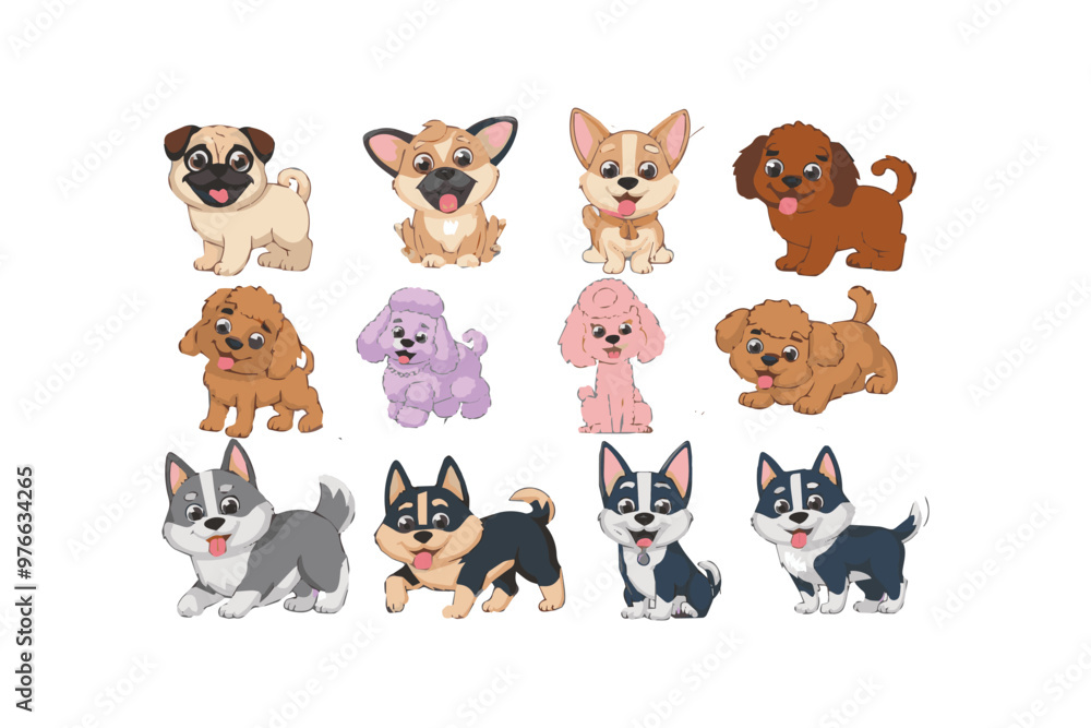 Fototapeta premium vector illustration set featuring playful puppies of different breeds 