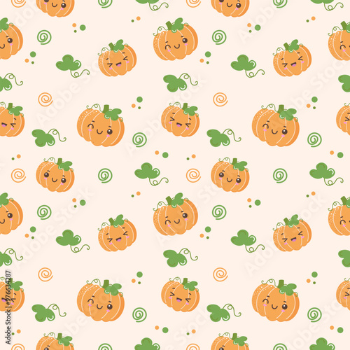 Seamless pattern with cute kawaii pumpkins on a light beige background