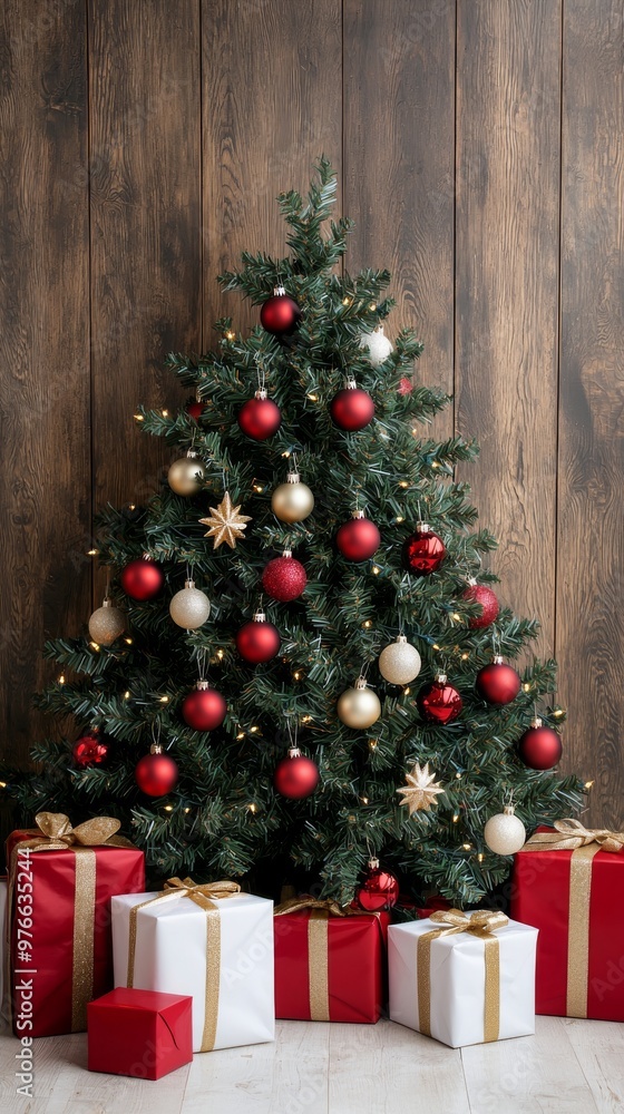 Christmas Tree with Red and Gold Ornaments and Gifts Christmas Tree with Red and Gold Ornaments and Gifts