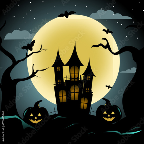 halloween background with house, pumpkin. Haunted castle stands ominously under the full moon with carved pumpkins with wicked grins glow faintly