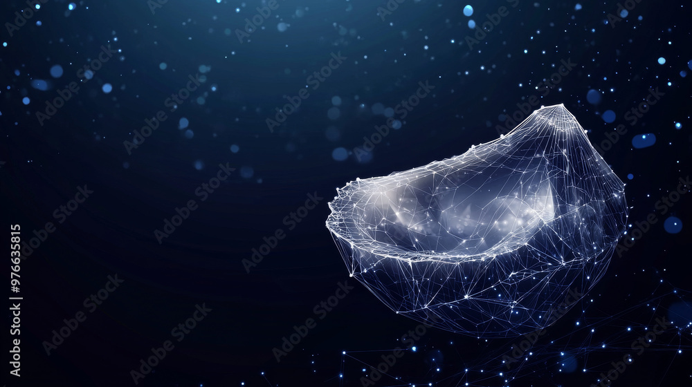 An abstract image featuring a pearl inside a shell, created using a low poly wireframe technique. The design is set against a dark background, with the shell and pearl rendered as a mesh of interconne An abstract image featuring a pearl inside a shell, created using a low poly wireframe technique. The design is set against a dark background, with the shell and pearl rendered as a mesh of interconne