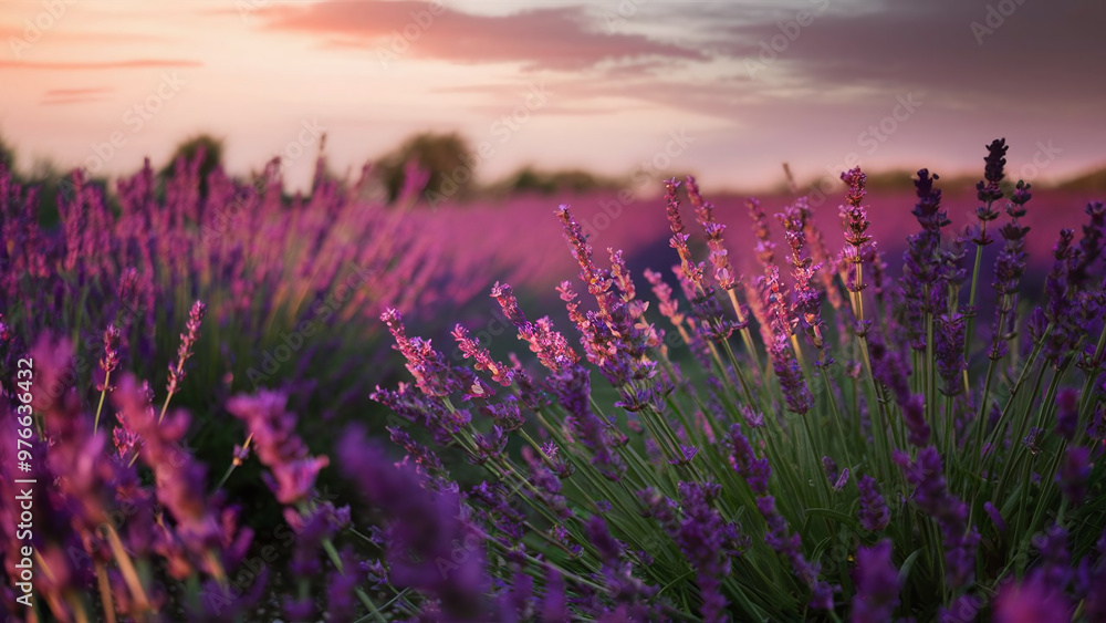 Fototapeta premium Sunset over lavender fields, golden hour lighting and rows of purple flowers, tranquil and scenic