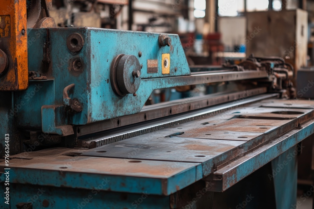 Industrial Shearing Machine in a Workshop, a powerful tool for cutting metal sheets. This machine features a sturdy construction, a robust mechanism, and a durable design. Industrial Shearing Machine in a Workshop, a powerful tool for cutting metal sheets. This machine features a sturdy construction, a robust mechanism, and a durable design.