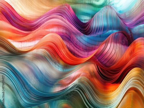 Layered abstract waveforms in vivid reds, blues, and greens, flowing harmoniously in a digital composition, dynamic colorful waveforms, digital fluidity